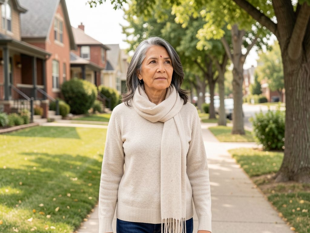 Latina woman walking confidently on a tree-lined residential street in Colorado.