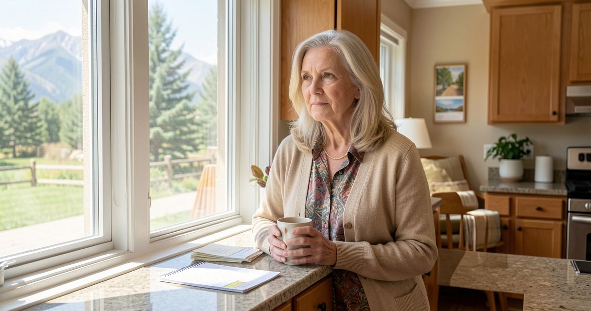 Woman at kitchen window with tea, looking out at foothills, morning light