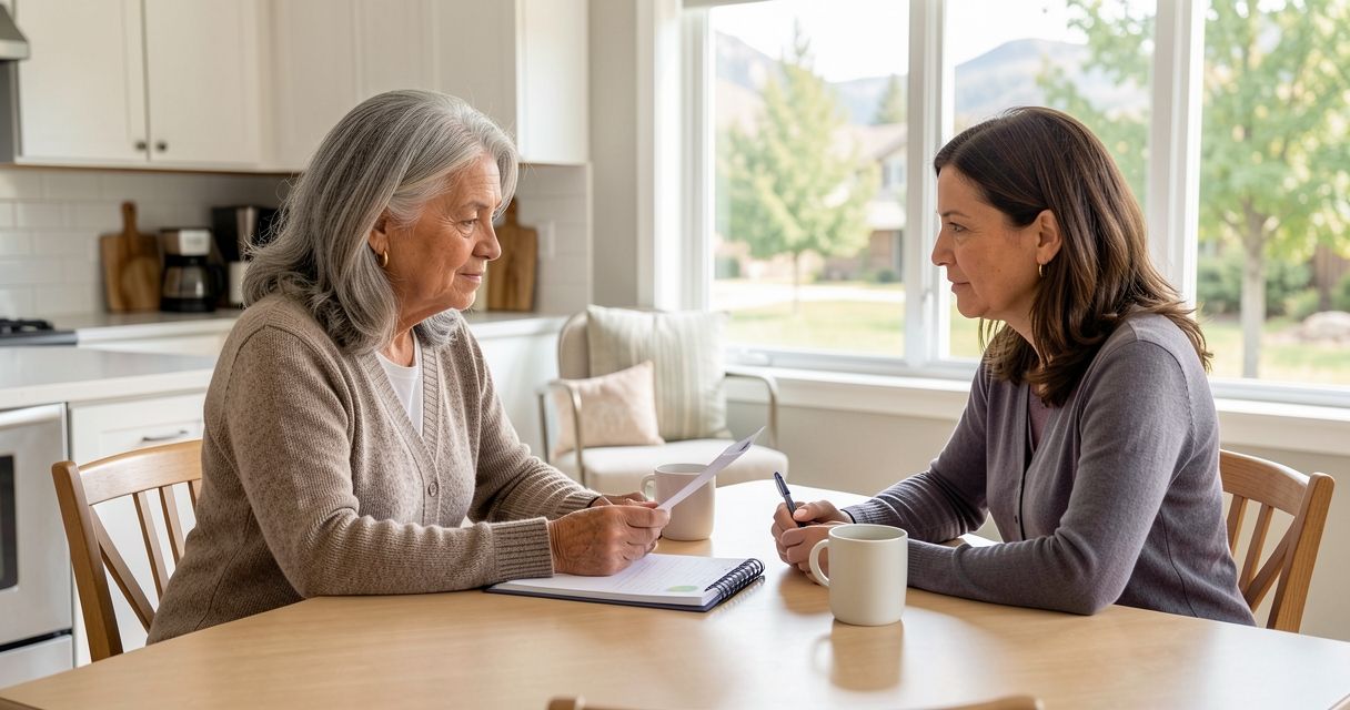 Older Latina woman and adult daughter reviewing documents at a sunny kitchen table