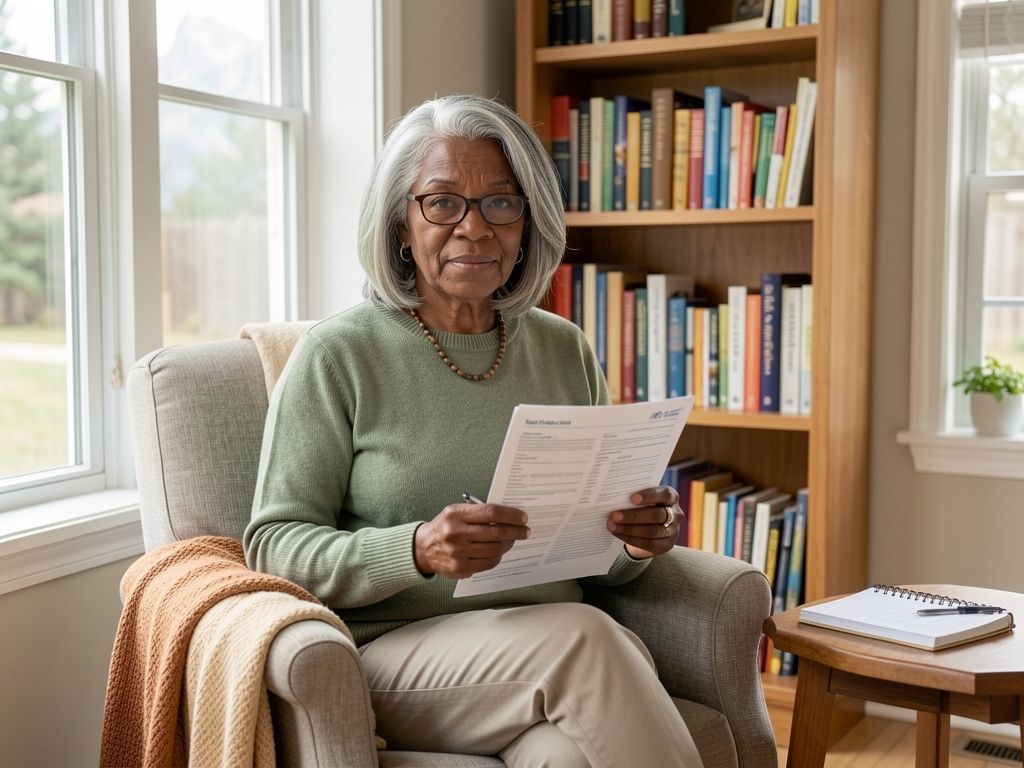 Senior woman reviewing medication list in bright sunroom, taking notes on Part D savings strategies
