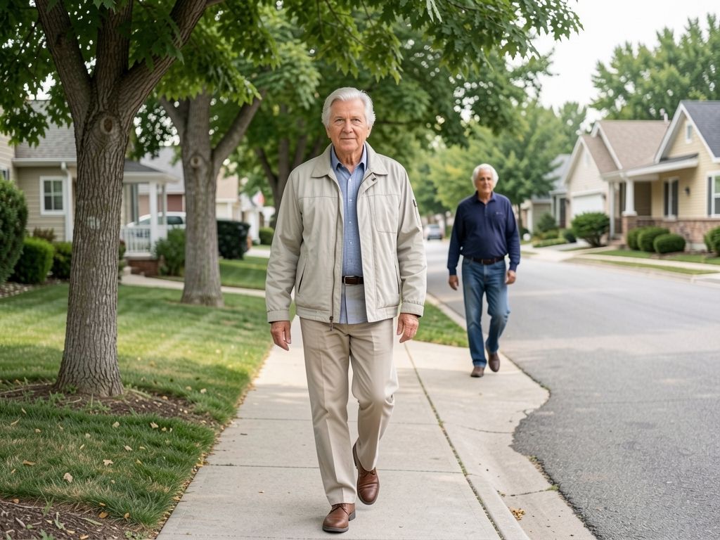 An older man walks along a shaded neighborhood sidewalk on a calm Colorado day.