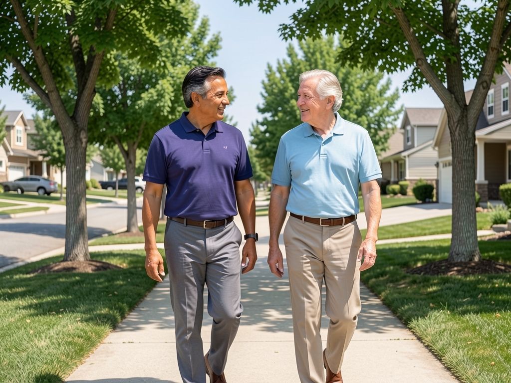 Two senior men walking and talking on a shaded Colorado neighborhood sidewalk on a clear day.