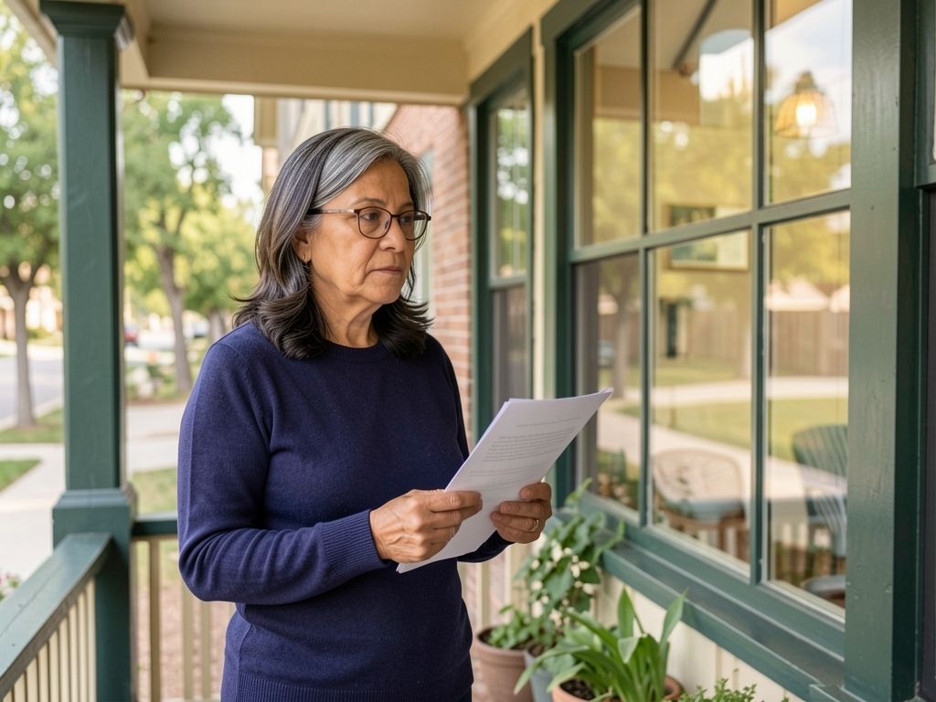 Woman standing on her porch holding documents, looking thoughtfully toward her neighborhood street