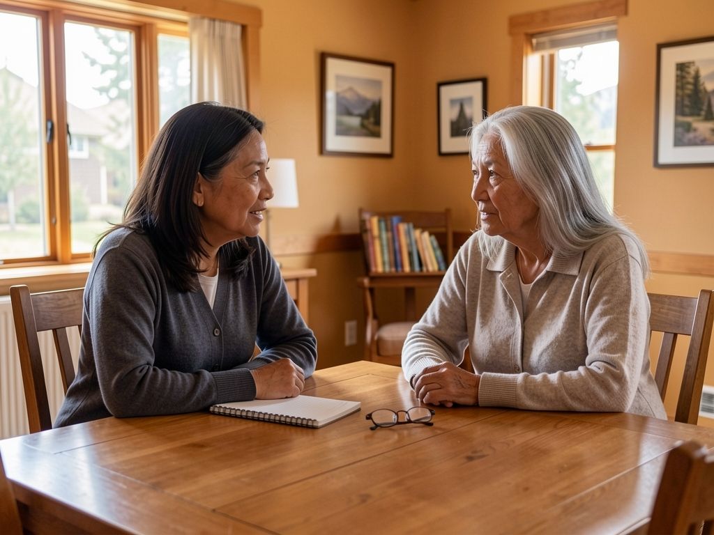 Two women in conversation at a dining table, notepad visible