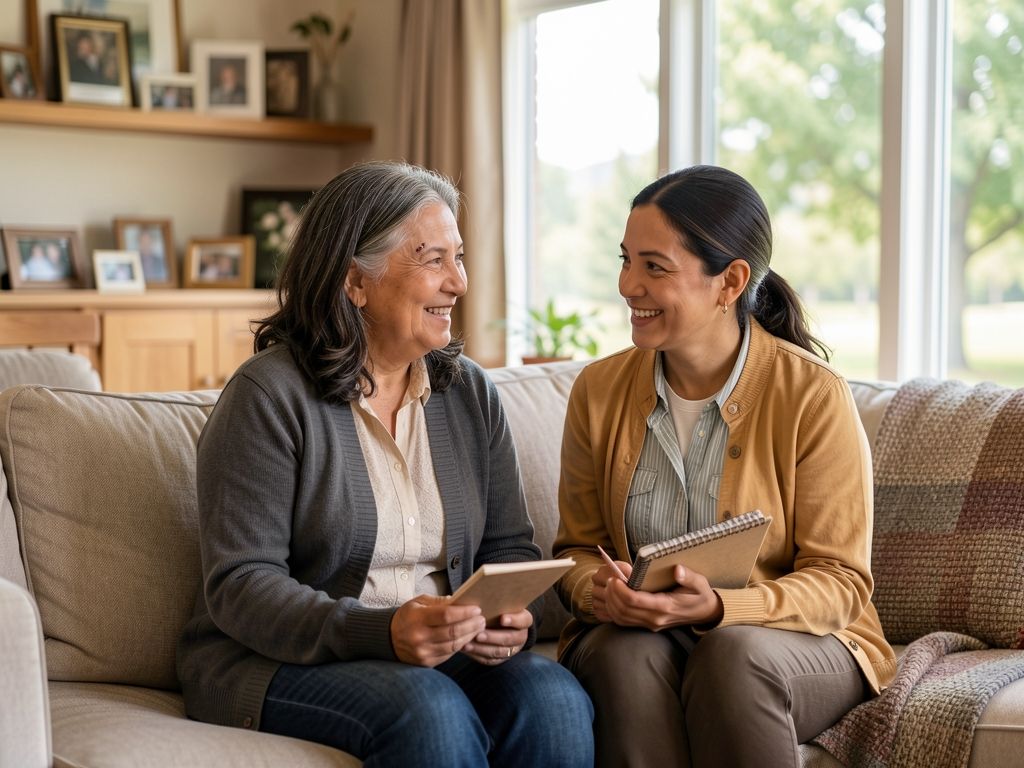 Latina woman and adult daughter talking together on a sofa in a warm living room.