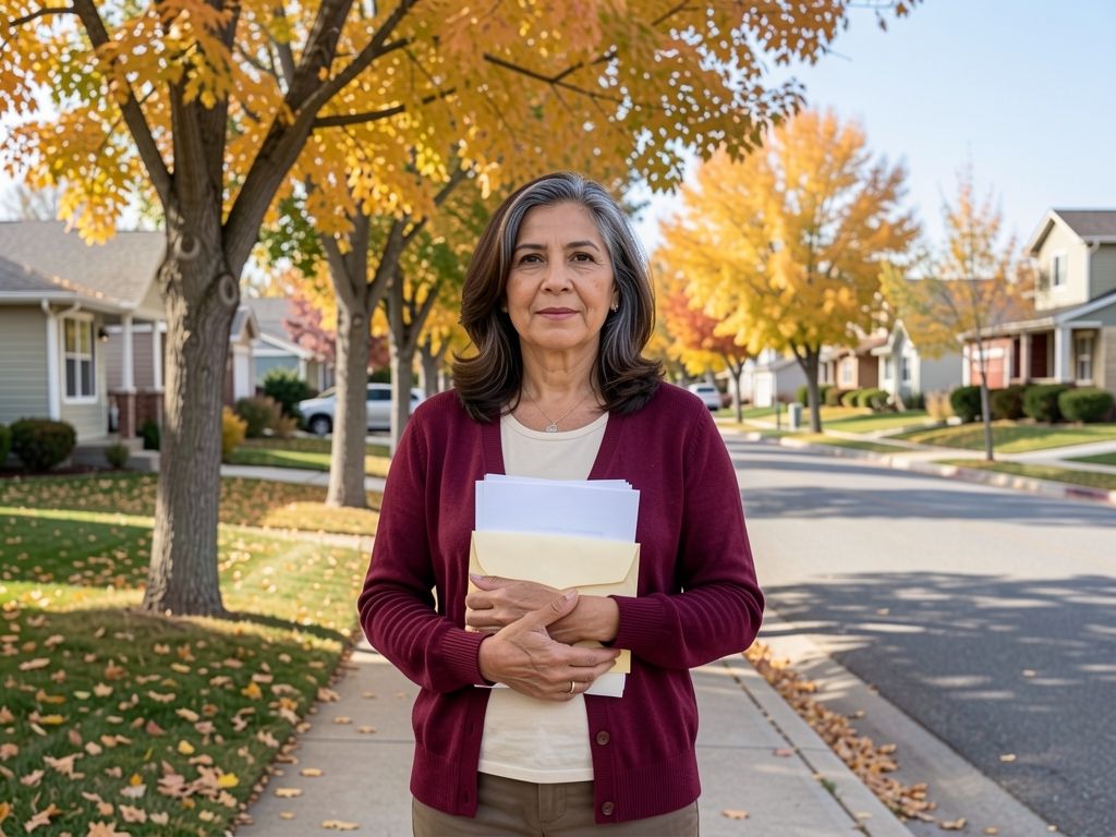 Latina woman standing on a leafy neighborhood sidewalk, holding Medicare documents, serene autumn setting.