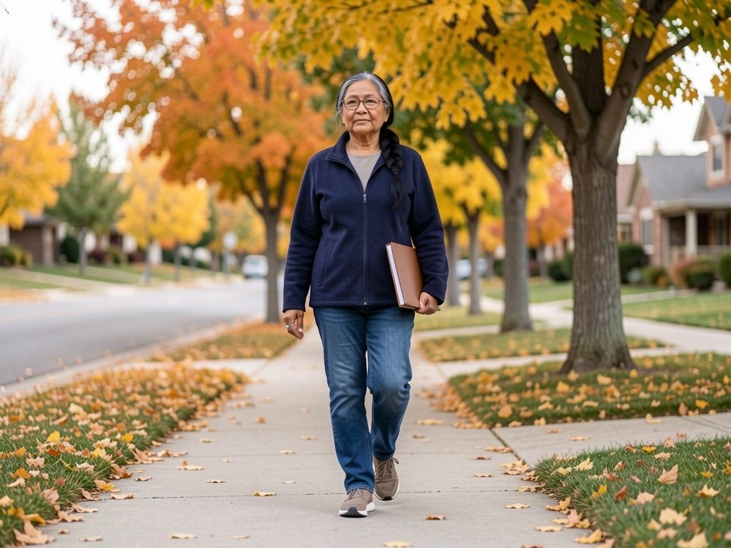 Woman walking confidently on tree-lined neighborhood sidewalk, autumn leaves visible