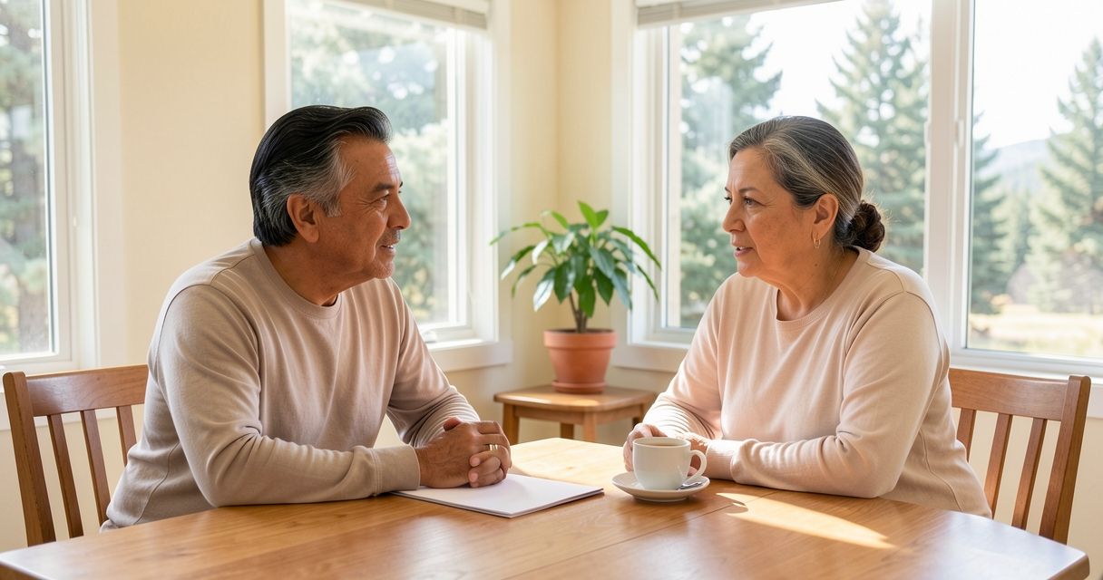 Latino man and middle-aged woman in conversation at a bright dining table, Colorado evergreens visible through windows b