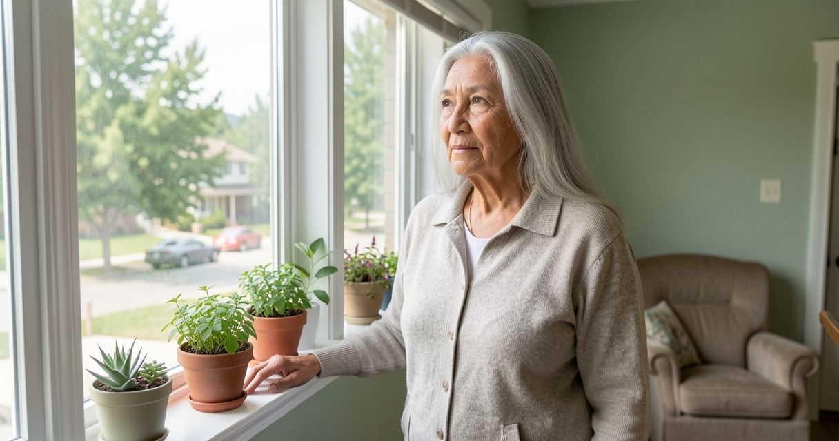 Woman gazing thoughtfully out a bright sunroom window in morning light