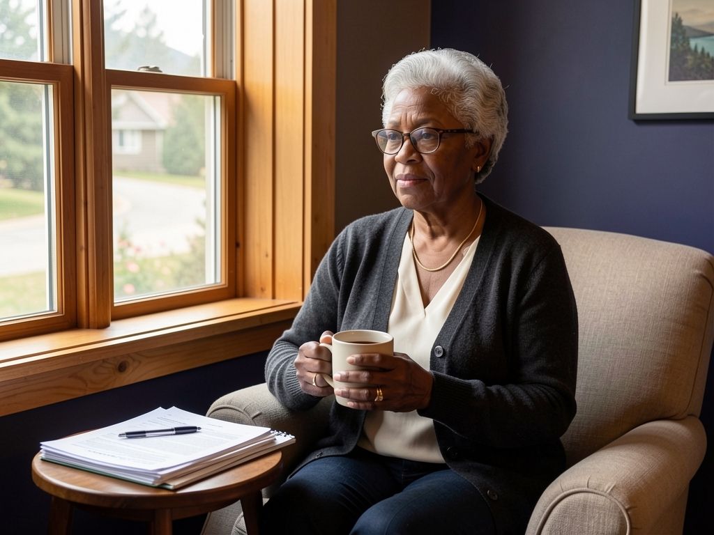 Woman in reading nook with tea, insurance folder organized on side table, peaceful expression.
