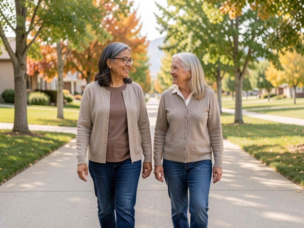Woman and her daughter walking together on a tree-lined park path on a clear Colorado day