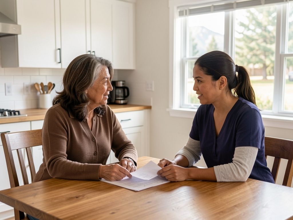 Latina woman and daughter discussing Medicare coverage changes at a modern kitchen table.