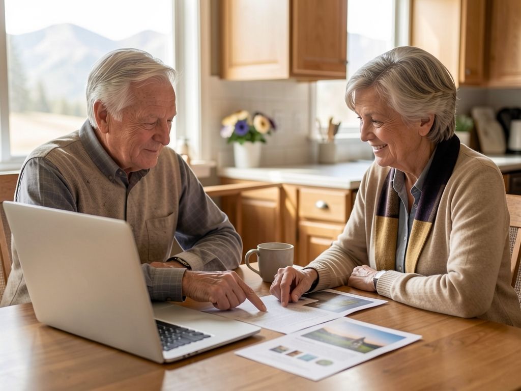 Older woman and partner review enrollment materials together at a bright kitchen table, appearing reassured and informed