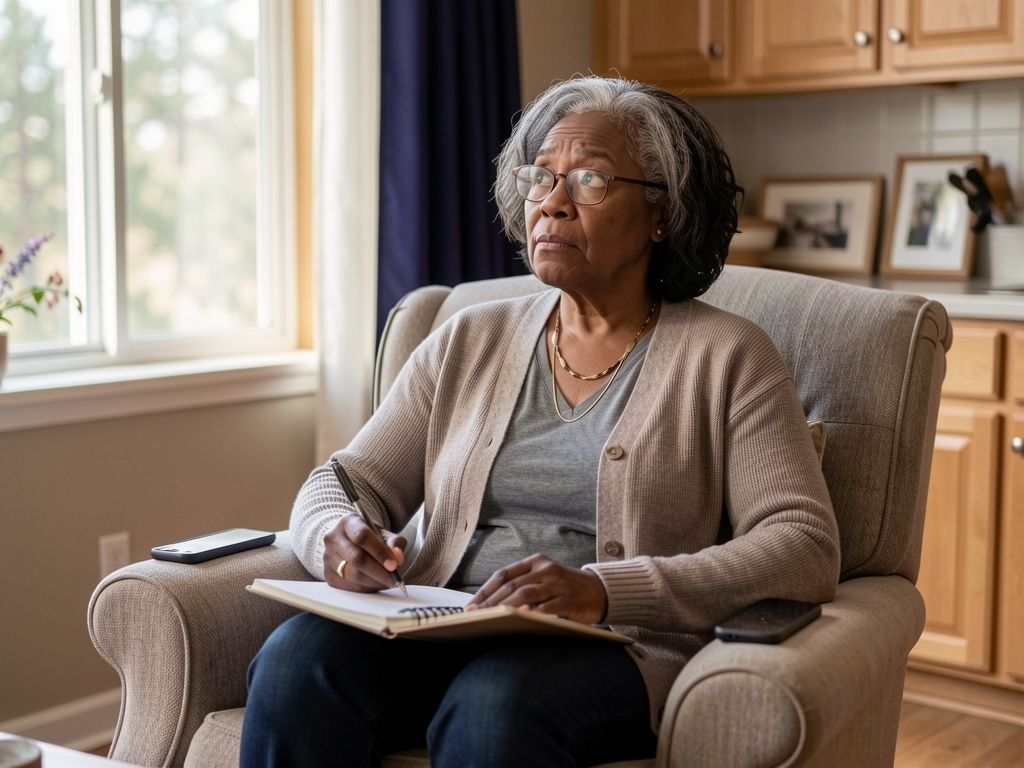 Black woman in living room taking notes, working through Medicare enrollment decision thoughtfully