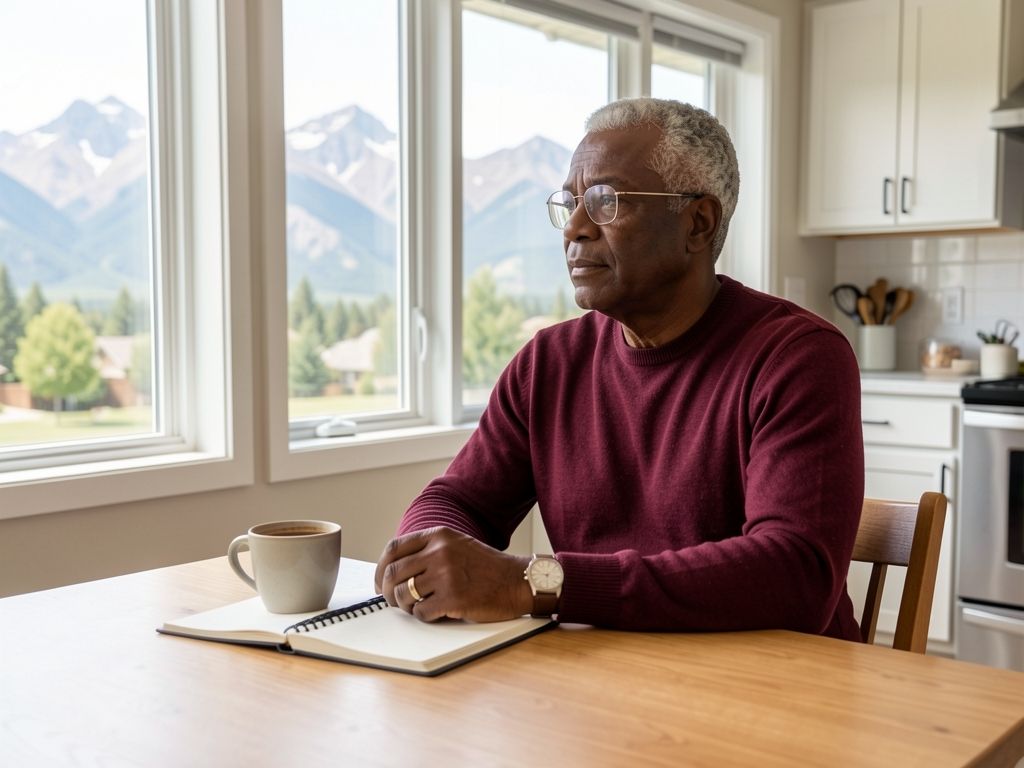 A man at a sunny kitchen table with foothills visible through windows, reviewing notes.
