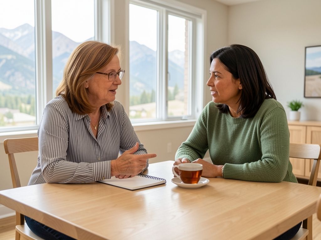 Woman and her adult daughter discussing health coverage options at a dining table.