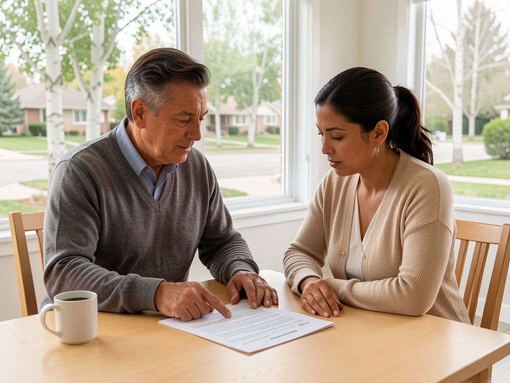 Two people reviewing a document at dining table, bright window behind them framing tree-lined street.