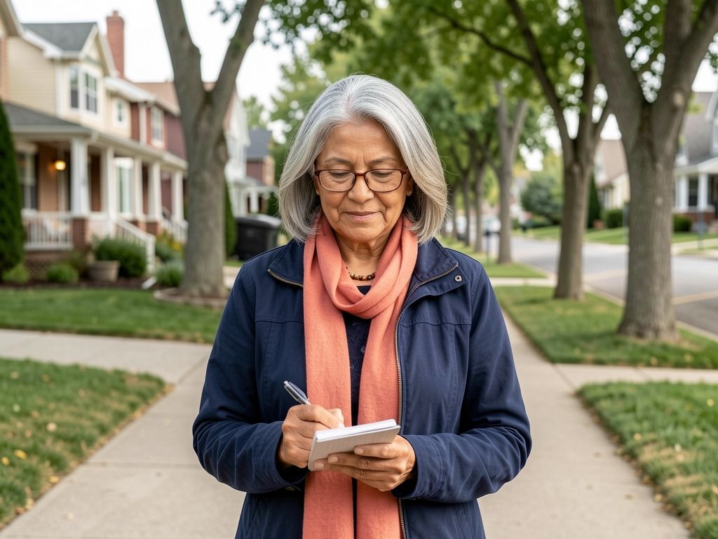 Older Latina woman pausing on a sidewalk to take a note, holding pen and notebook.
