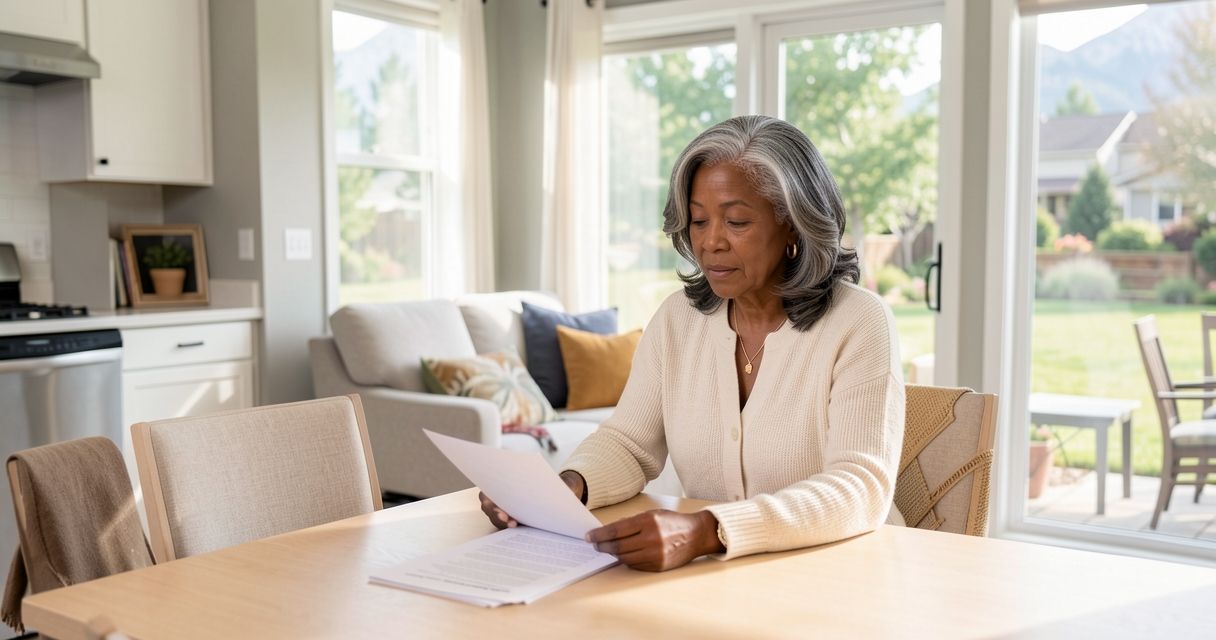 Senior Black woman at bright dining table reviewing documents in morning sunlight