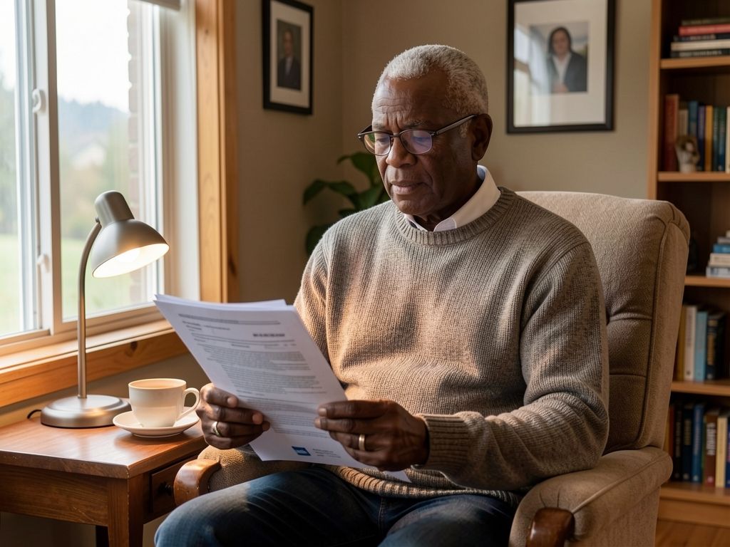 Senior man reviewing Medicare paperwork in a quiet home office, natural light from window.