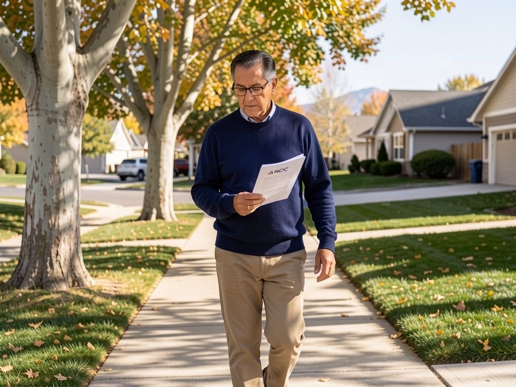 Latino man walking neighborhood sidewalk under cottonwoods, holding and reviewing pages thoughtfully.