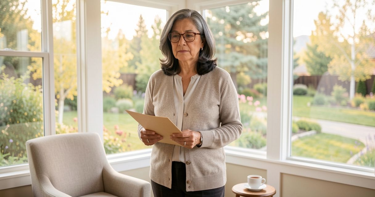 Woman in sunroom holding folder, warm afternoon light, Colorado garden view