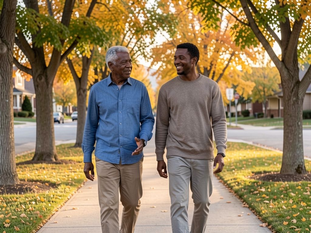 Two Black men walking and talking on a neighborhood sidewalk, relaxed and conversational.