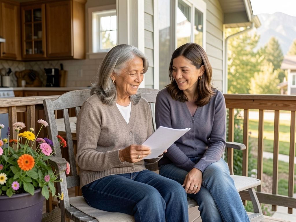 Woman and her daughter discussing documents on a front porch