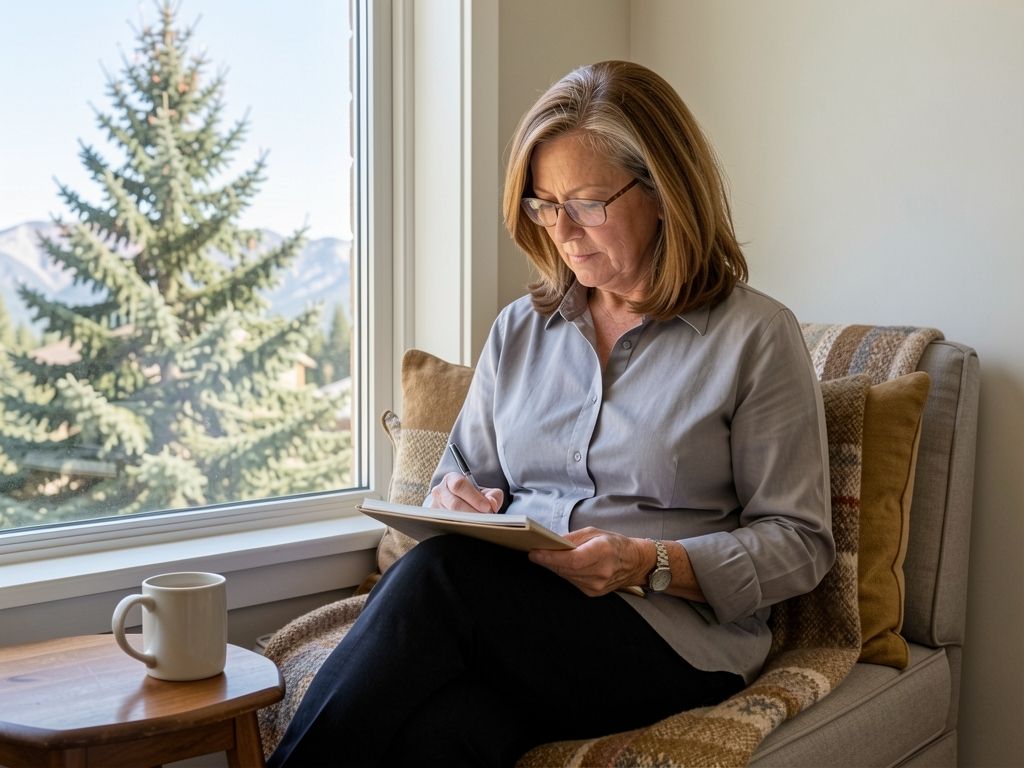 Woman planning her retirement health coverage in a sunlit window nook.