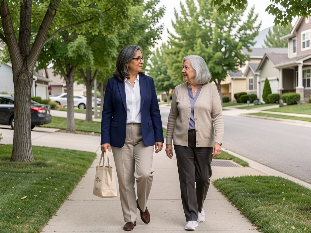 Two women walking on tree-lined street, neighborhood setting, calm afternoon
