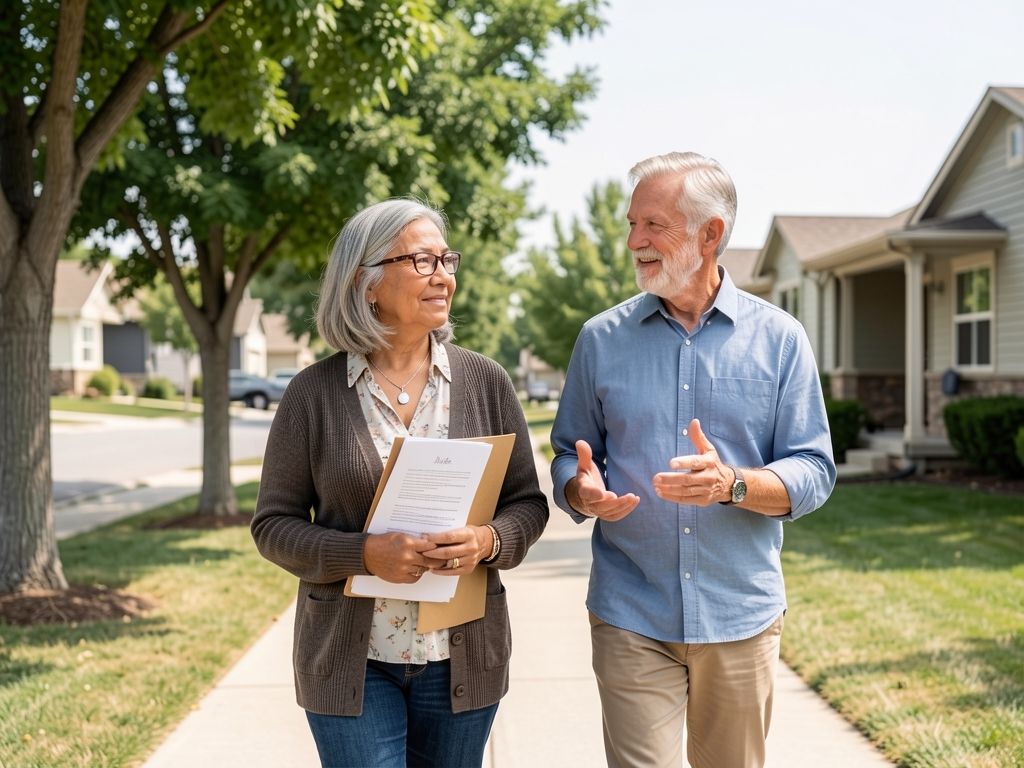 Latina woman walks with neighbor on shaded Colorado sidewalk, holding Medicare documents