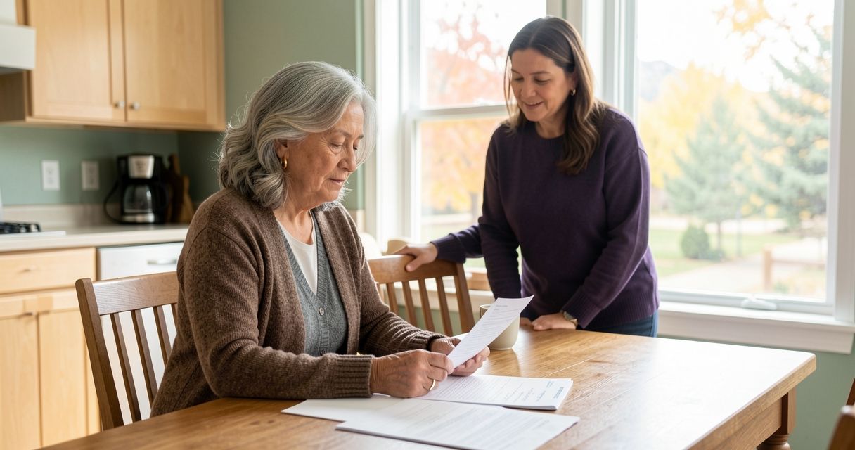 Older Latina woman and adult daughter reviewing Medicare documents at a sunlit farmhouse table