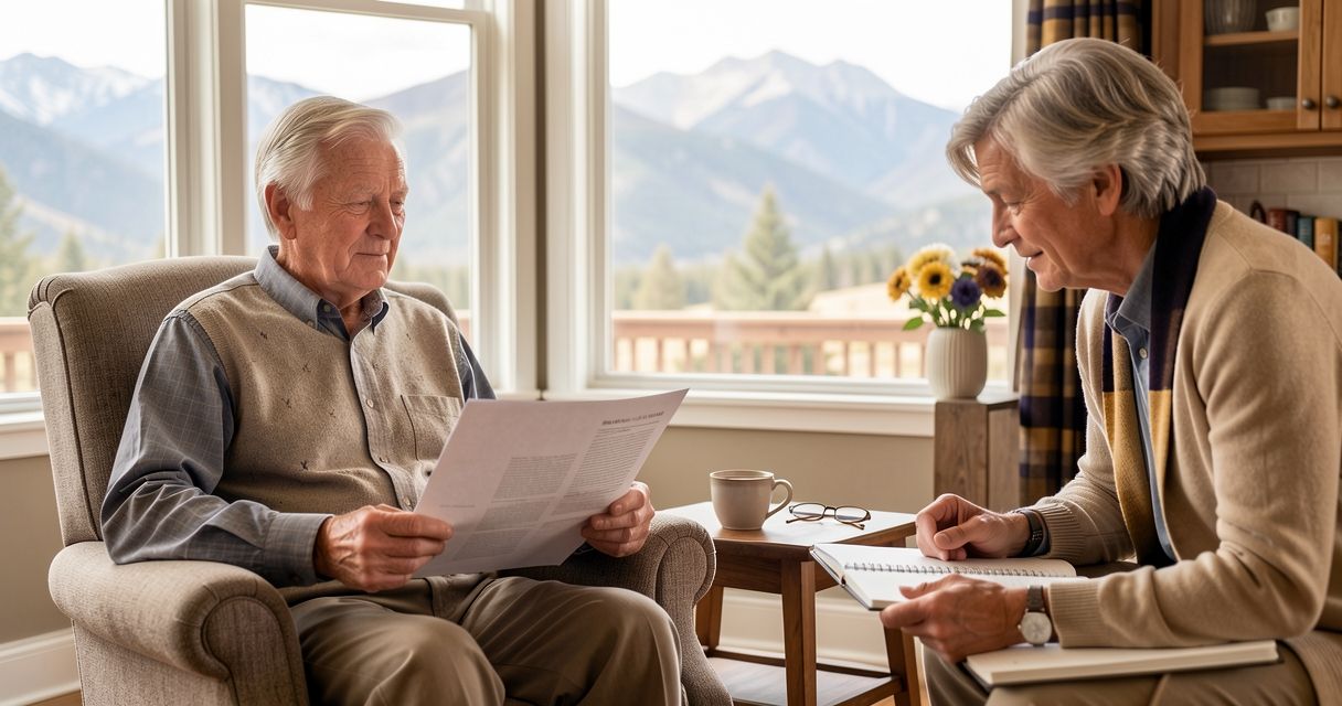 Senior man reviewing documents with a trusted advisor in a sunlit Colorado home, both appearing calm and focused.