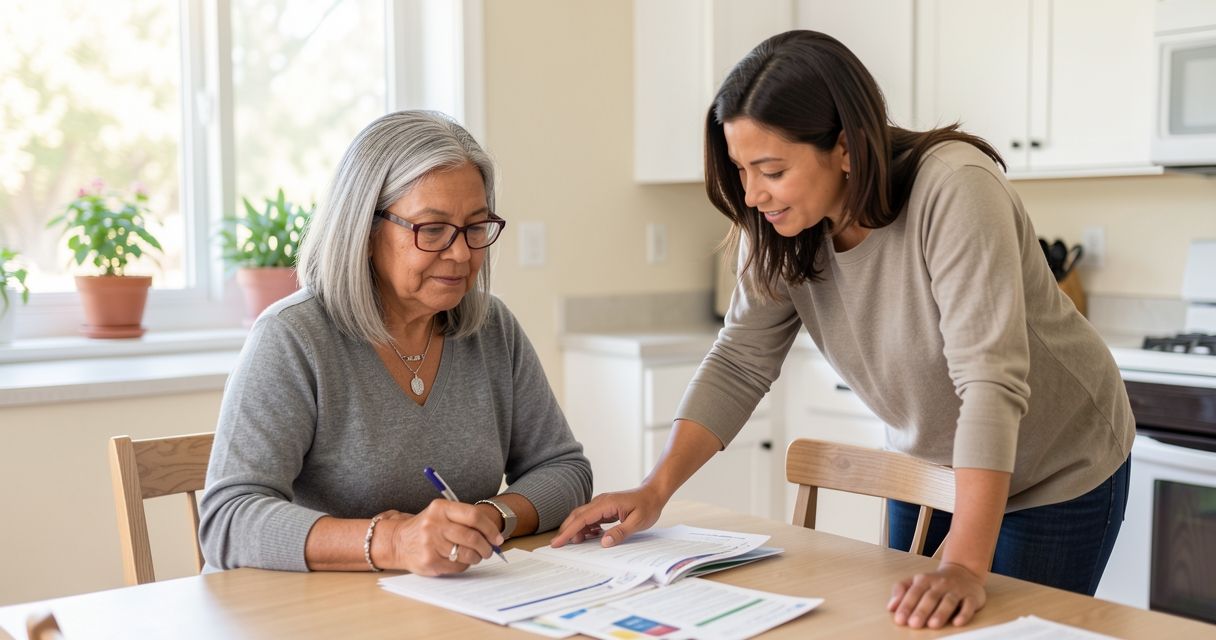 Latina woman and adult daughter review Medicare enrollment documents together at a bright kitchen table