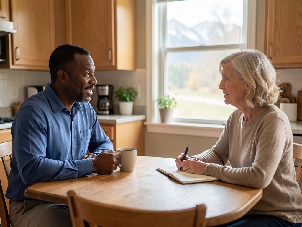 Senior man in blue shirt discussing Medicare with local advisor at kitchen table over coffee
