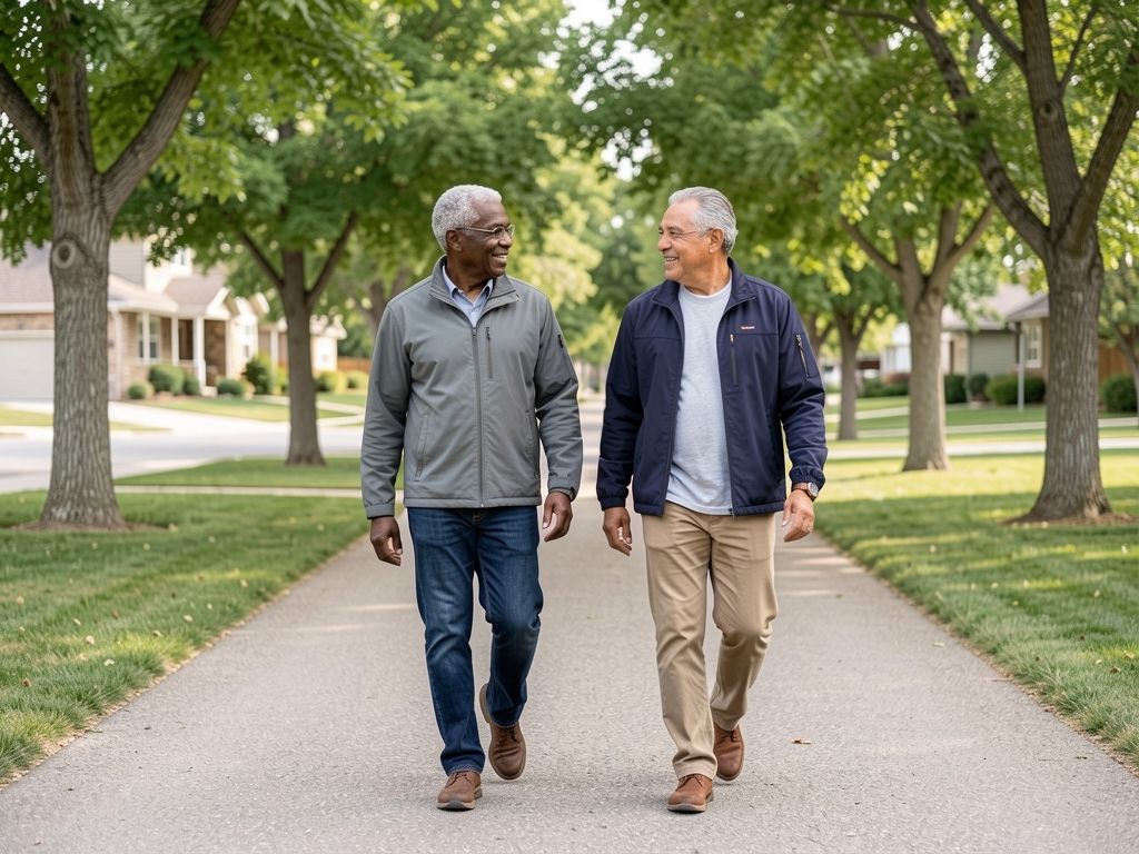 Two men walking and talking on a shaded neighborhood park path in Colorado.