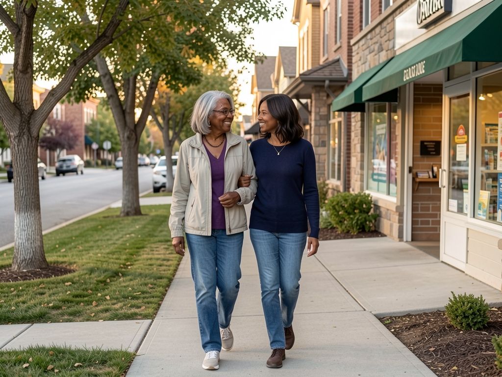 Senior woman and adult daughter walking together past neighborhood pharmacy on tree-lined Colorado street