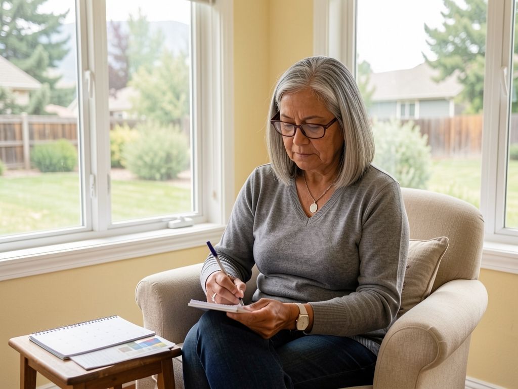 Latina woman writes notes in sunroom while reviewing Medicare enrollment calendar and deadlines