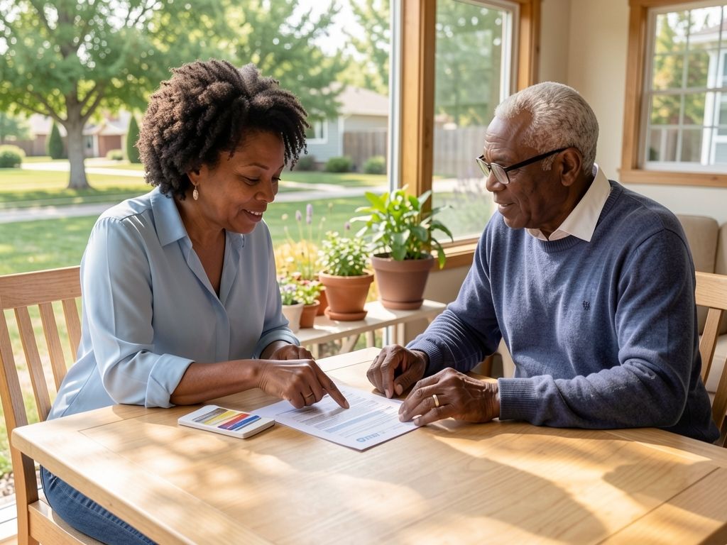 Father and adult daughter reviewing Medicare documents together at an outdoor dining table.