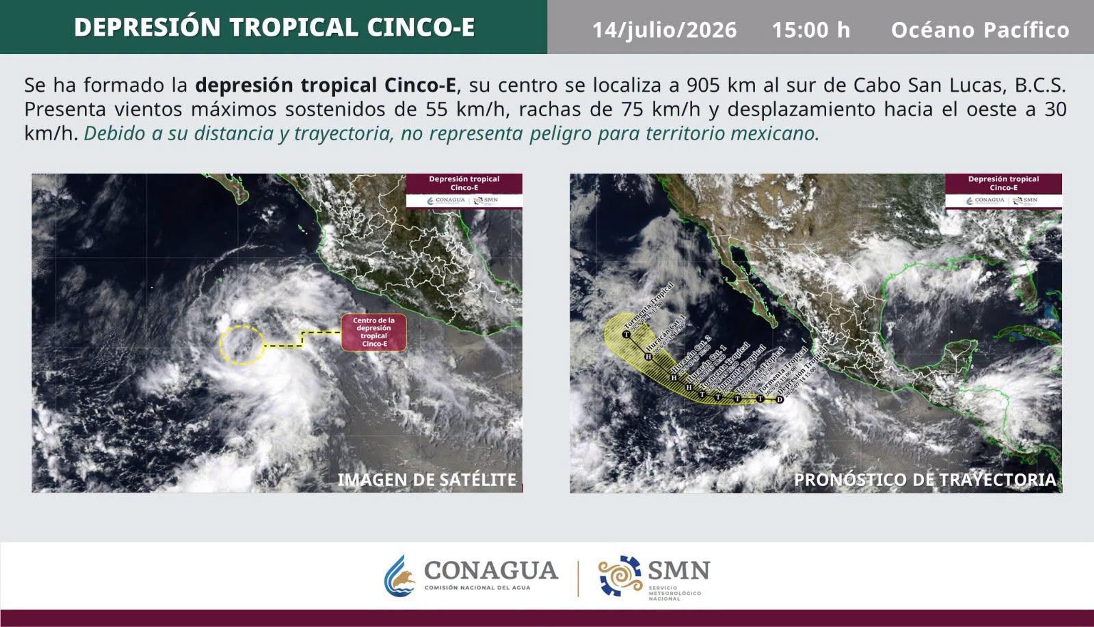  SE FORMA LA DEPRESIÓN TROPICAL CINCO-E; NAYARIT MANTENDRÁ LLUVIAS Y VIENTOS
