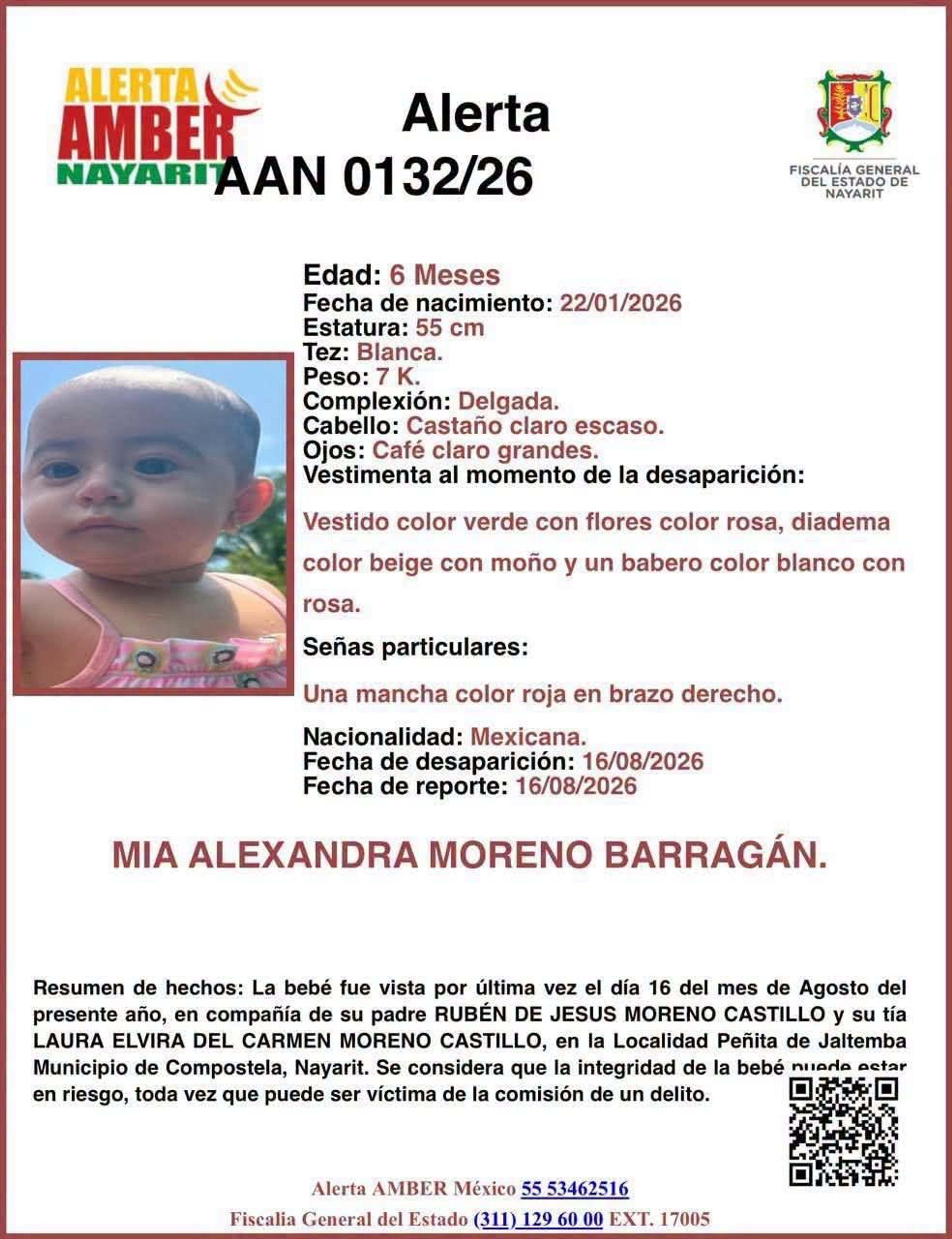 ¡ALERTA EN NAYARIT! DESAPARECE BEBÉ DE 6 MESES EN COMPOSTELA, ACTIVAN ALERTA AMBER 