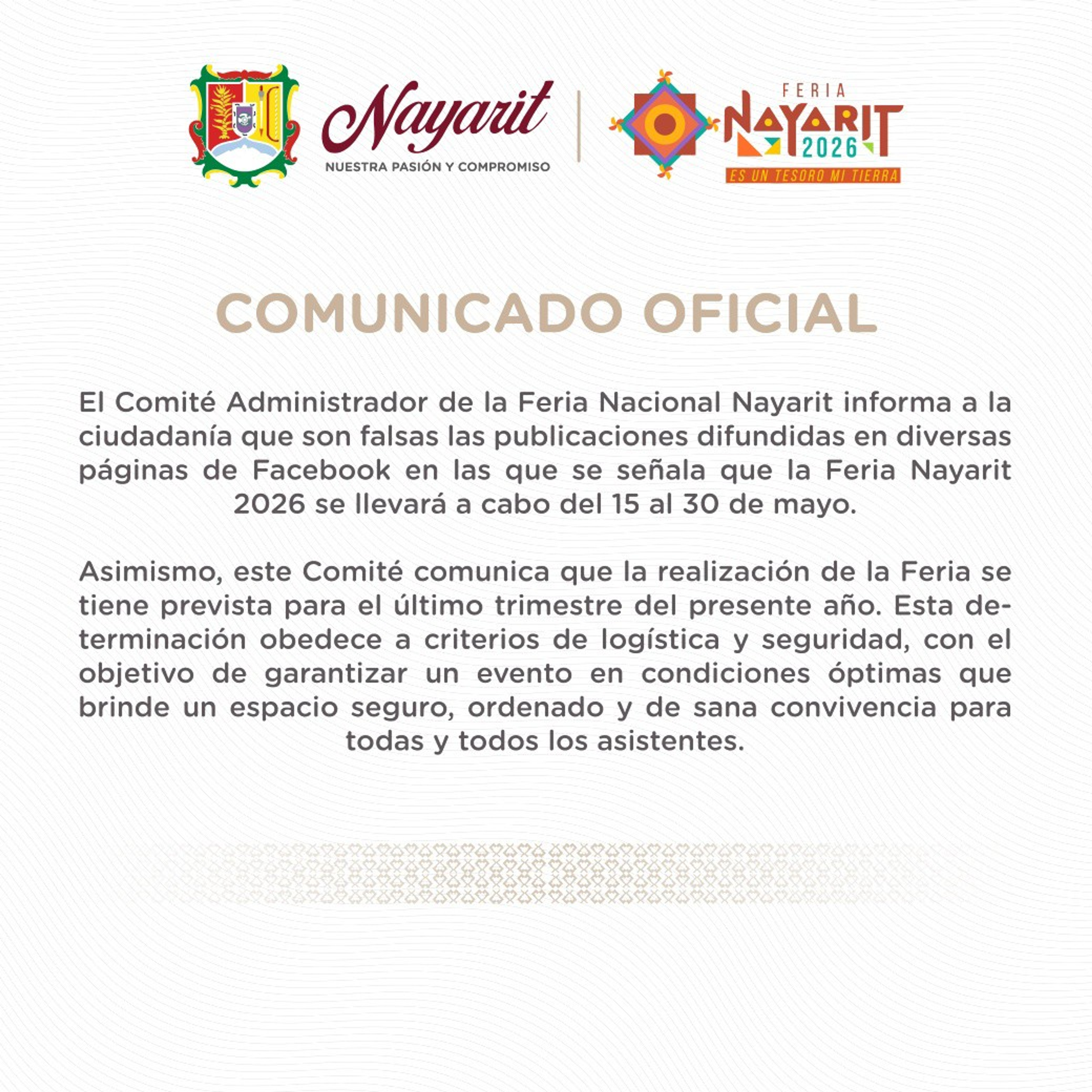 FALSAS LAS PUBLICACIONES SOBRE FECHA DE LA FERIA EN NAYARIT