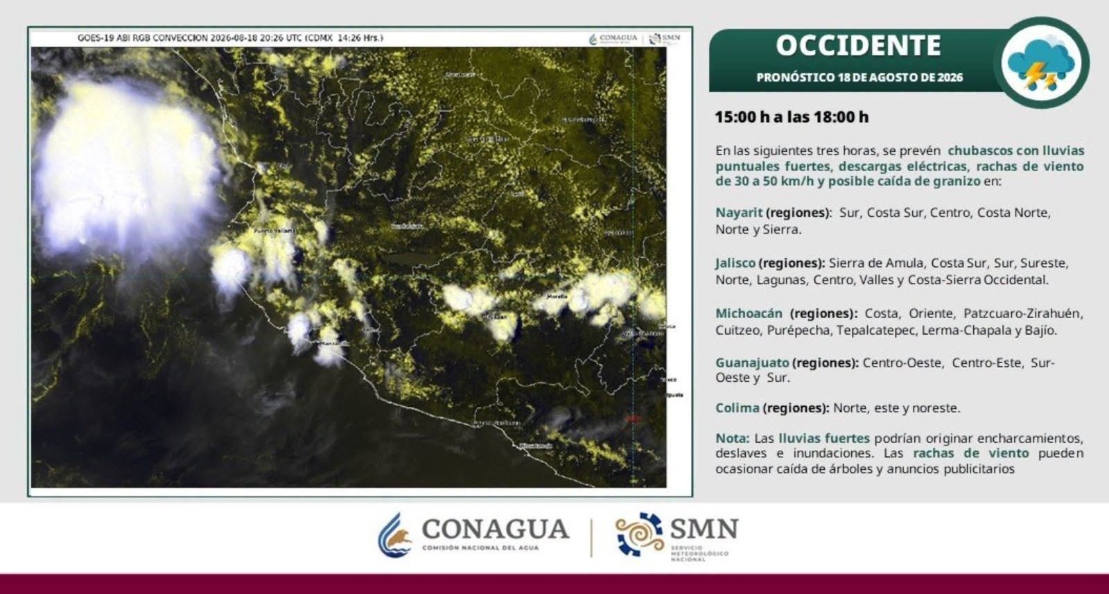 NAYARIT, ENTRE LOS ESTADOS CON PRONÓSTICO DE LLUVIAS FUERTES, DESCARGAS ELÉCTRICAS Y GRANIZADAS