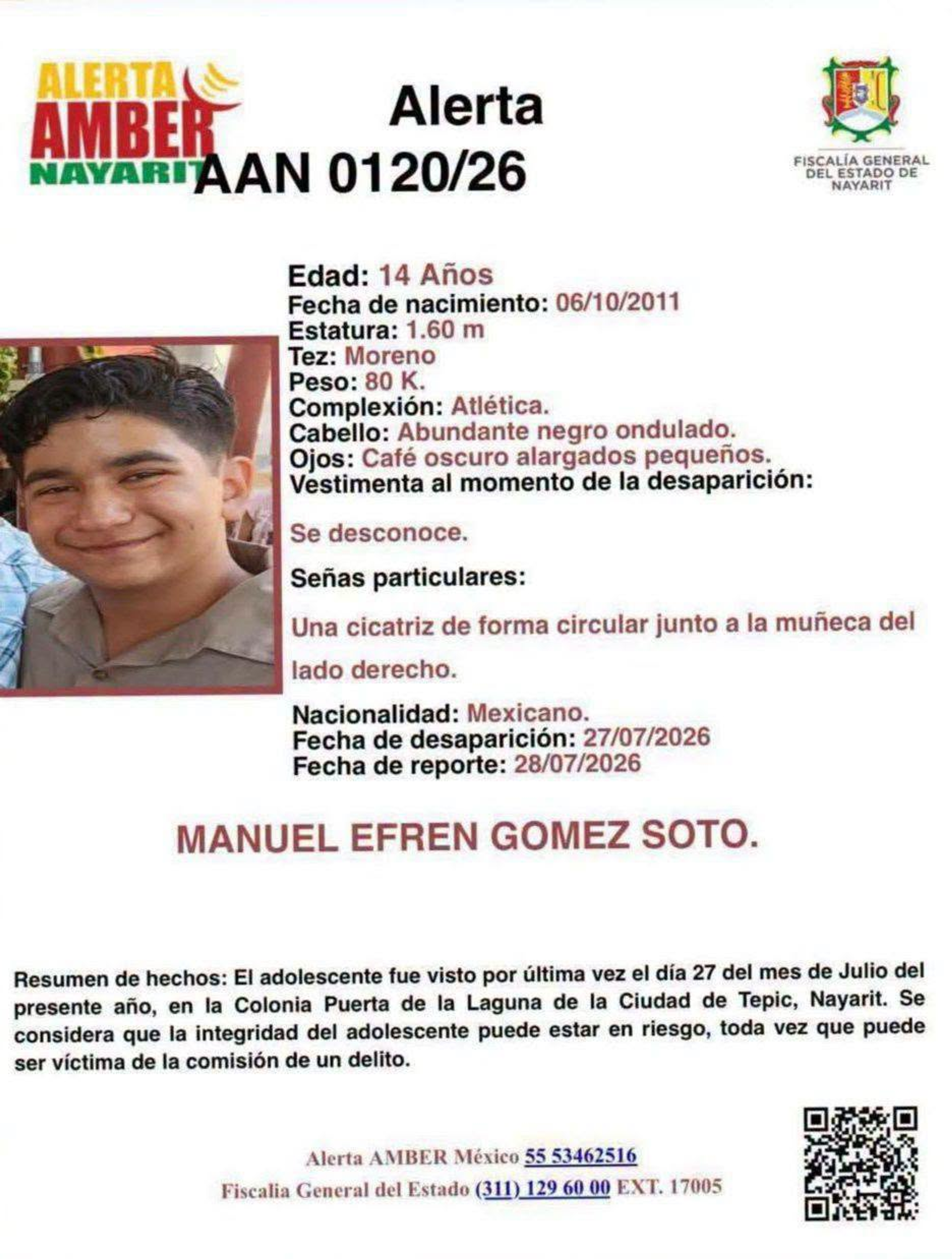 CONTINÚA LA BÚSQUEDA DE MANUEL EFRÉN GÓMEZ SOTO, MENOR DESAPARECIDO EN TEPIC