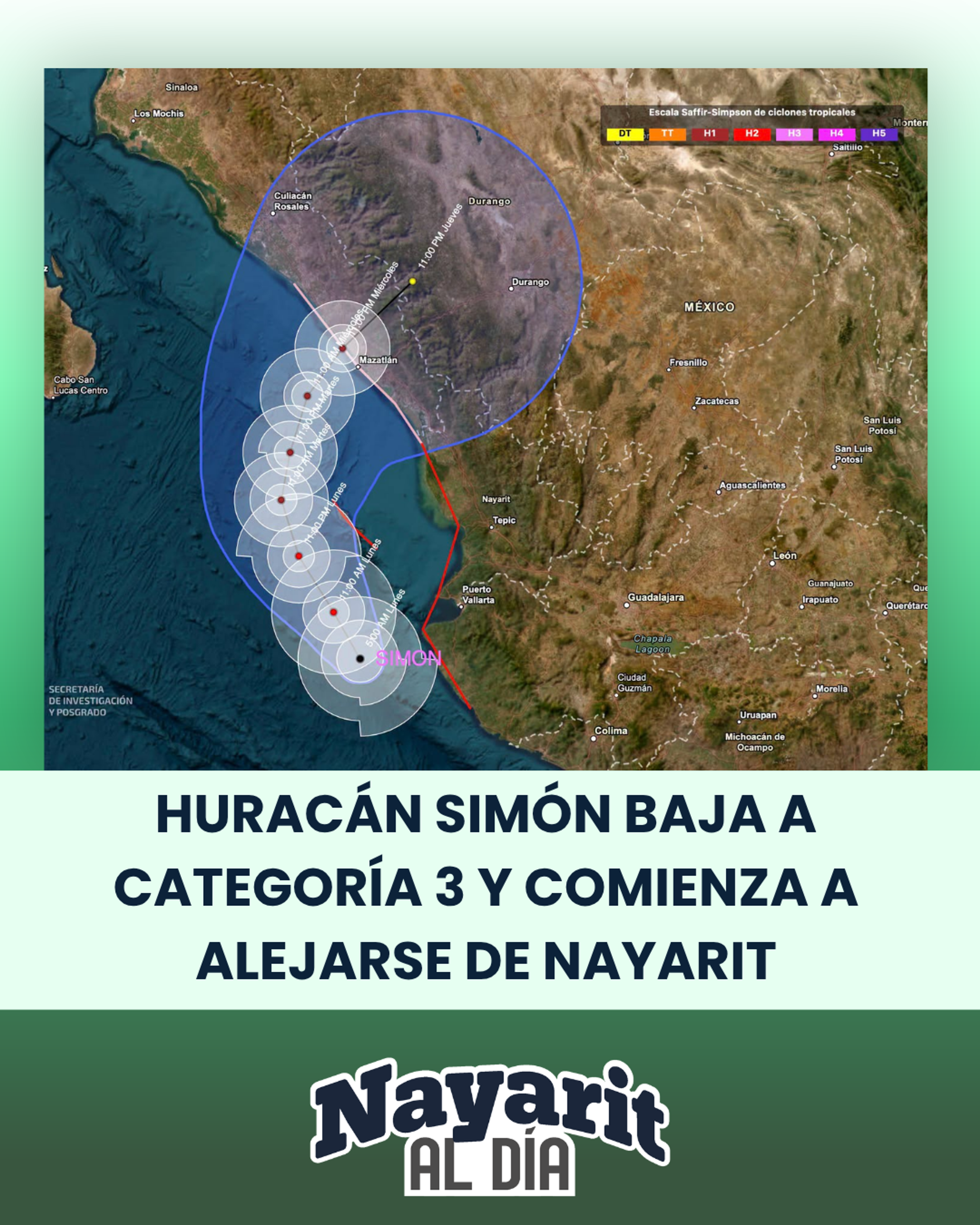 HURACÀN SIMÓN BAJA A CATEGORÍA 3 Y COMIENZA A ALEJARSE DE NAYARIT