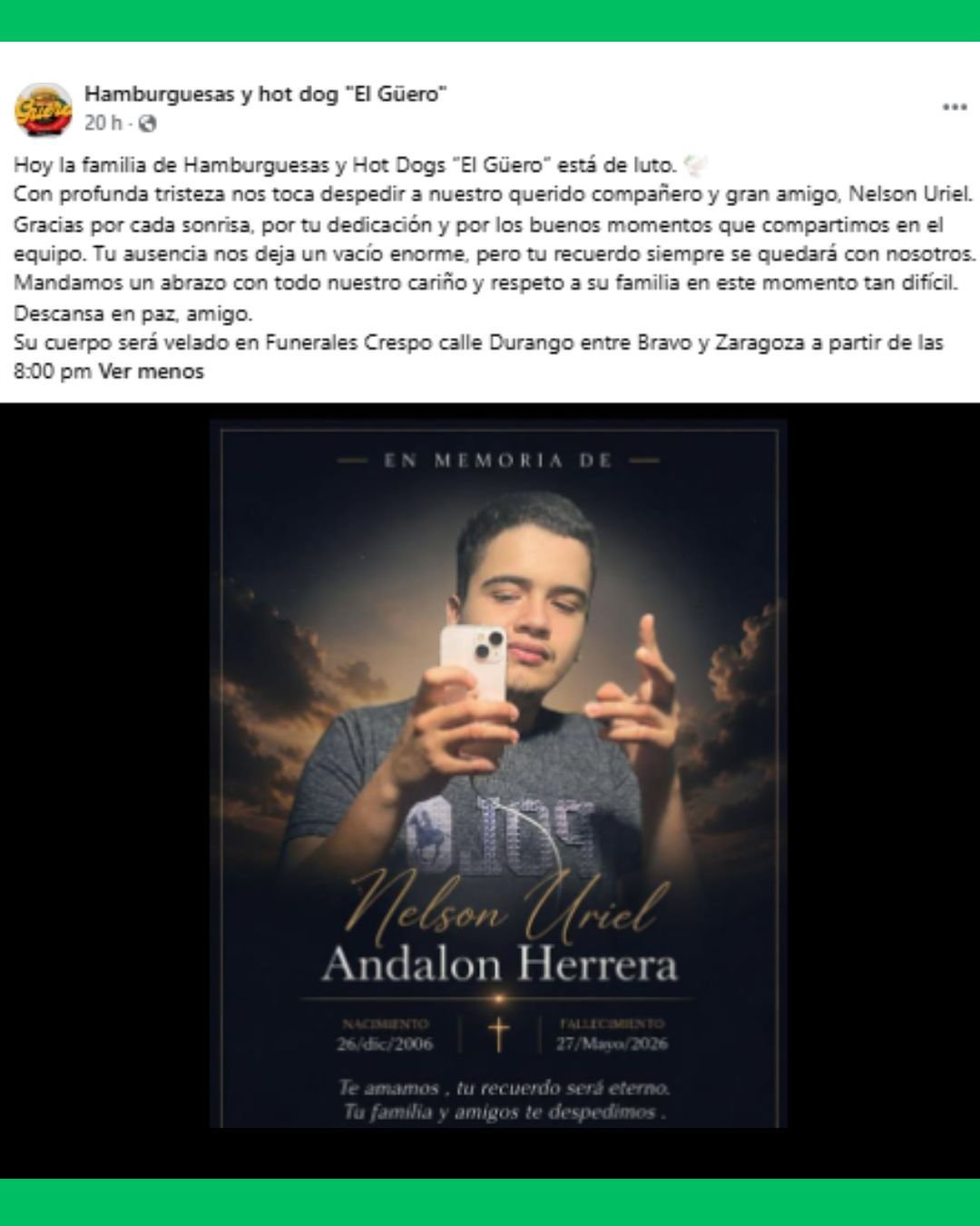 🕊️💔 HAMBURGUESAS “EL GÜERO” DESPIDE A NELSON URIEL AHÍ TRABAJABA EL JOVEN REPORTADO COMO DESAPARECIDO EN TEPIC