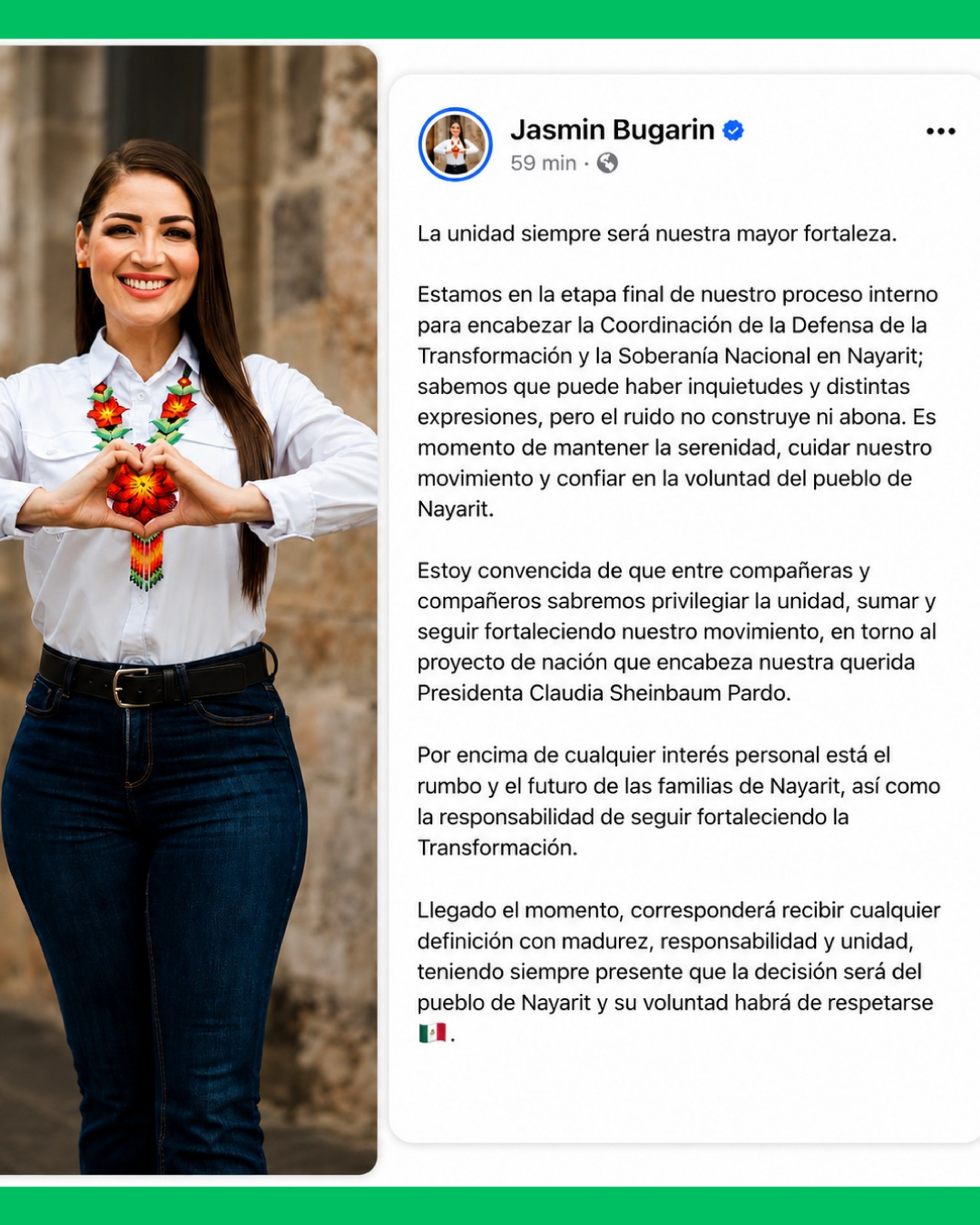 JASMÍN BUGARÍN LLAMA A CUIDAR LA UNIDAD Y RESPETAR LA DECISIÓN DEL PUEBLO DE NAYARIT