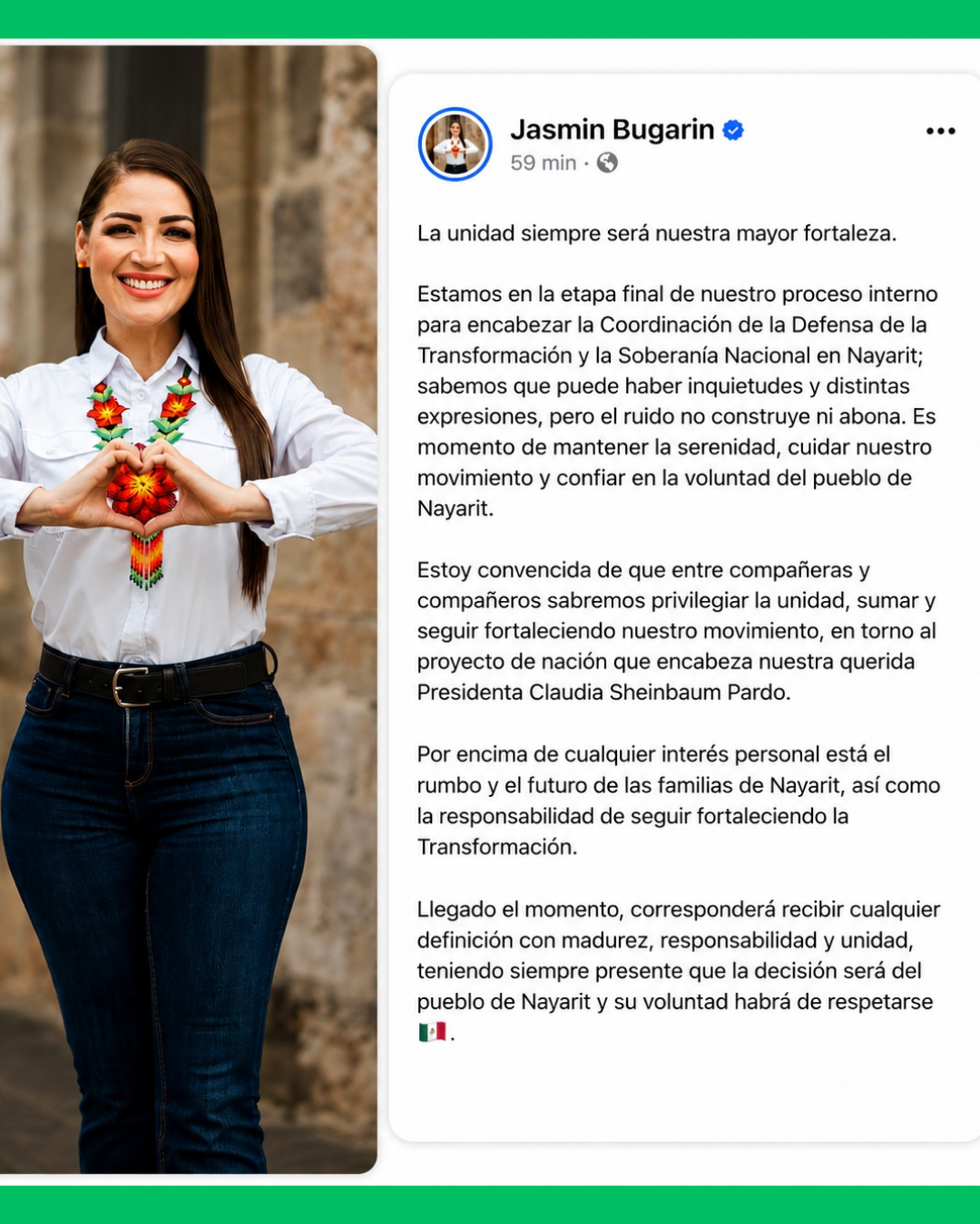 JASMÍN BUGARÍN LLAMA A CUIDAR LA UNIDAD Y RESPETAR LA DECISIÓN DEL PUEBLO DE NAYARIT