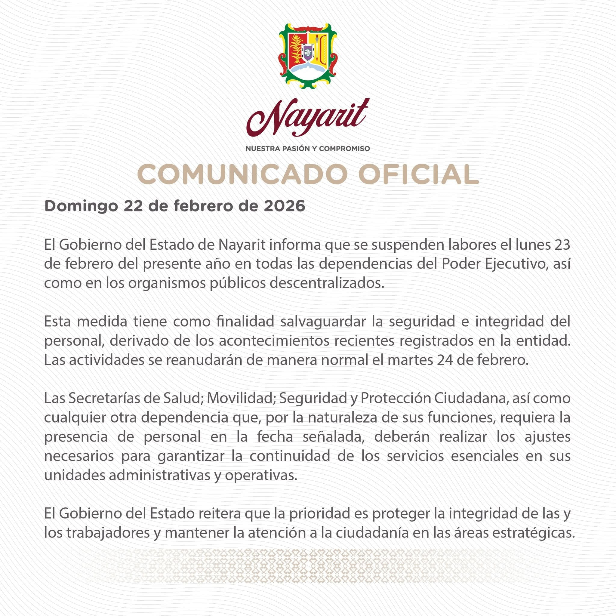COMUNICADO OFICIAL DE LABORES EN GOBIERNO DE NAYARIT