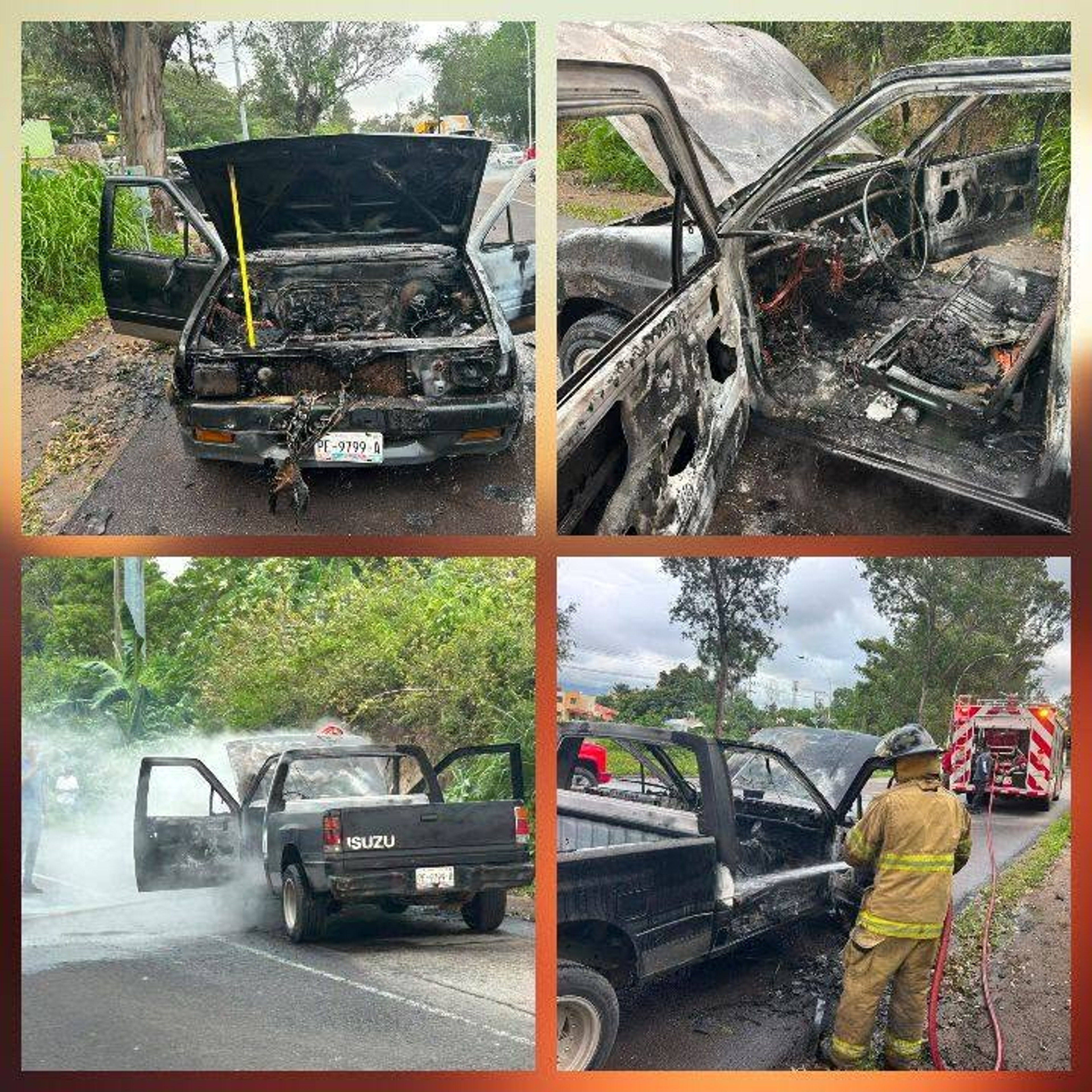 CAMIÓN ISUZU SE INCENDIA EN EL LIBRAMIENTO, BOMBEROS CONTROLAN EL FUEGO